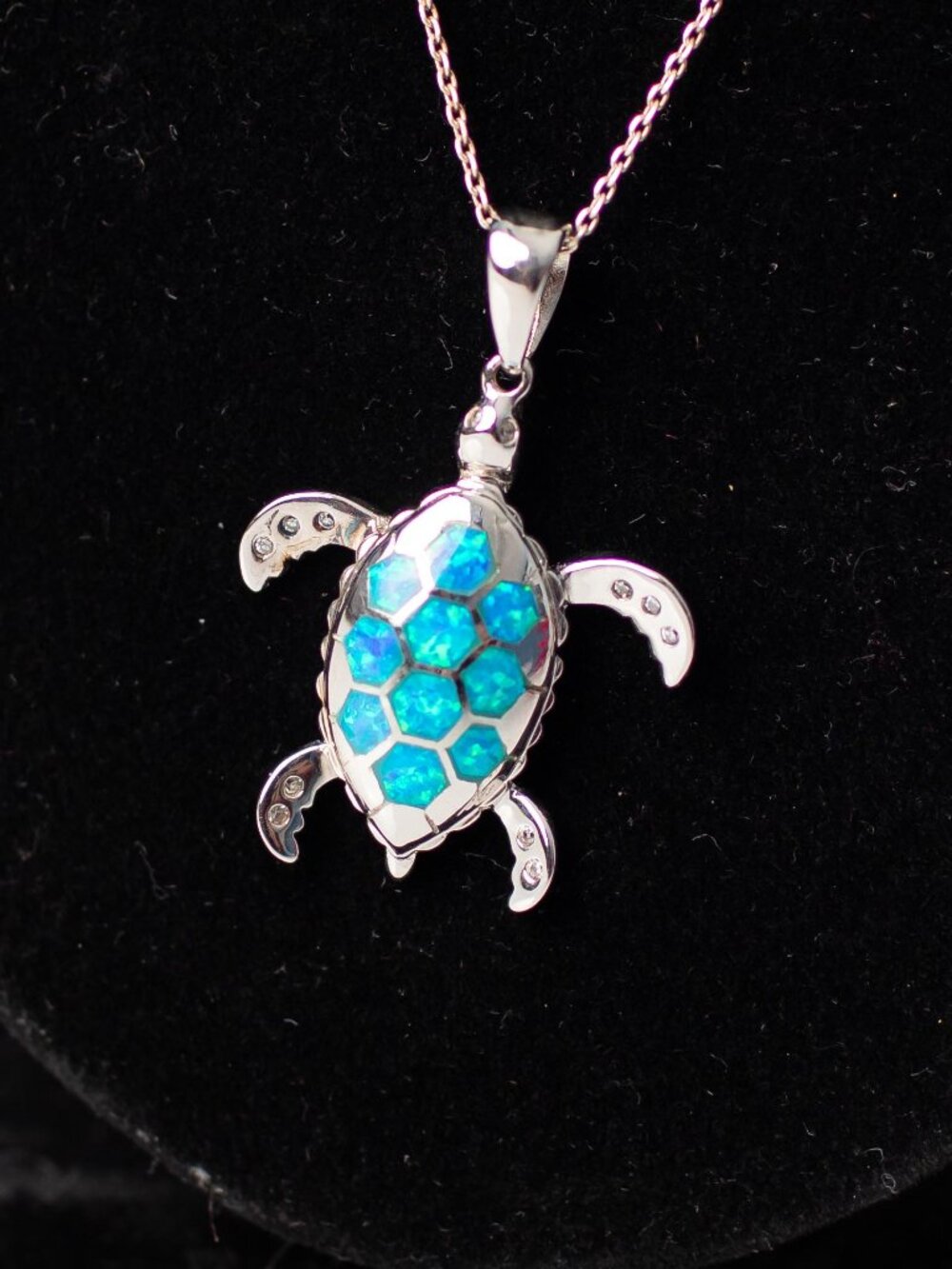 925 Sterling Silver Sea Turtle Necklace Blue Opal Inlay Pendant Ocean Jewelry - Picture 3 of 8